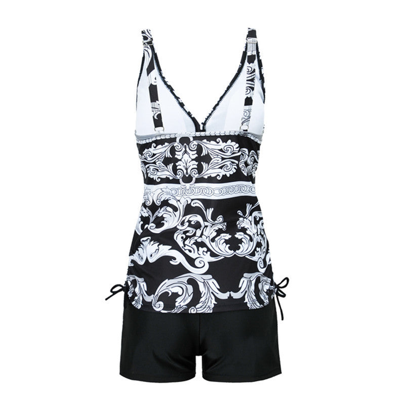 European And American Plus Size Printing Split Boxer Black Pants Bikini Ladies Swimwear Swimwear