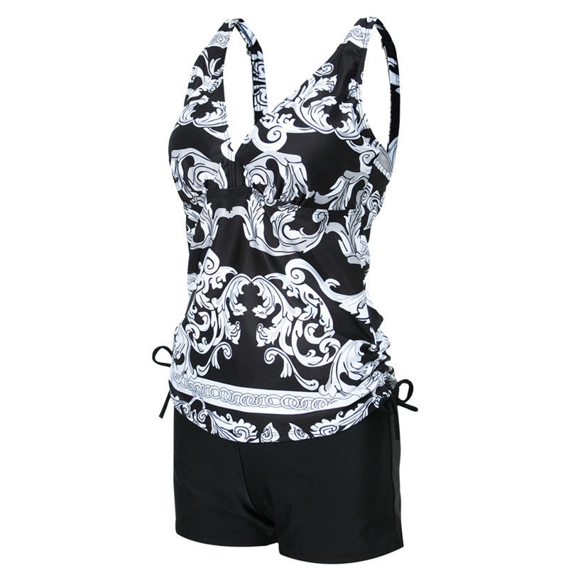 European And American Plus Size Printing Split Boxer Black Pants Bikini Ladies Swimwear Swimwear