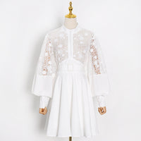 Fashion Temperament Stand Collar Lantern Sleeve Design Sexy Lace Perspective Short Dress
