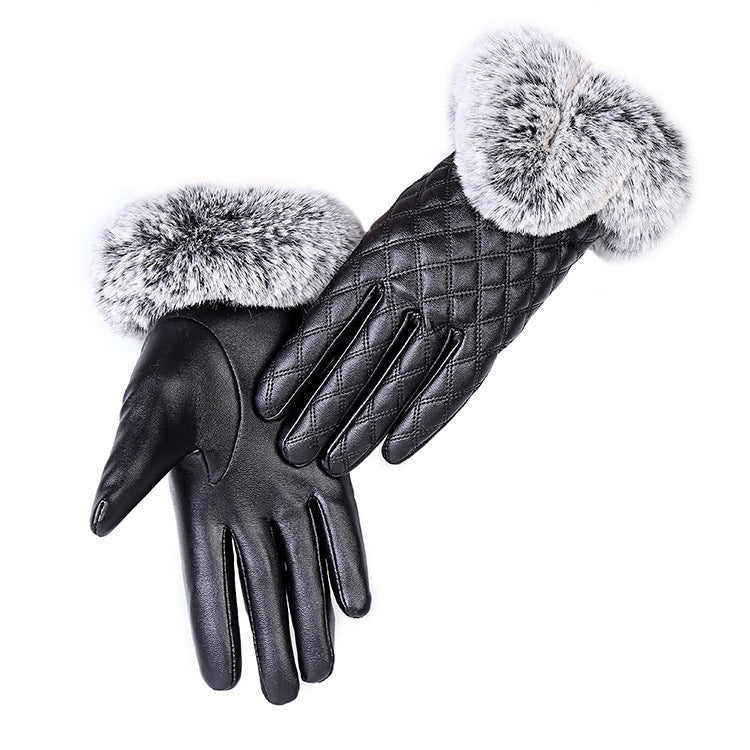 Ladies Fur Ball Pu Gloves Winter Plus Velvet Cute Gloves Touch Screen Touch Warm Gloves Factory Direct Sales