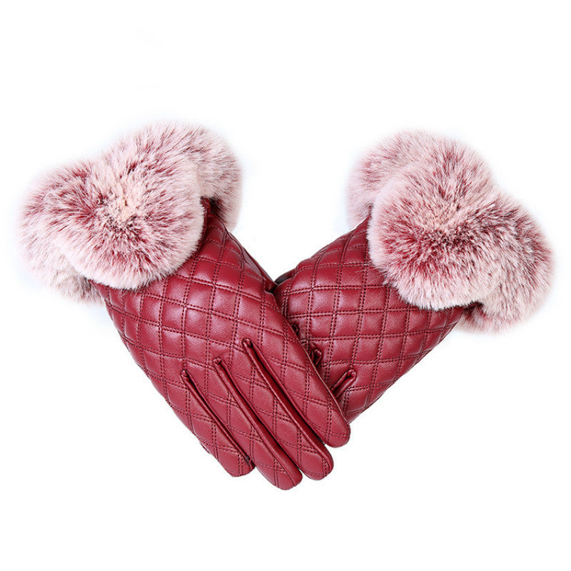 Ladies Fur Ball Pu Gloves Winter Plus Velvet Cute Gloves Touch Screen Touch Warm Gloves Factory Direct Sales