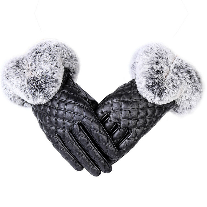 Ladies Fur Ball Pu Gloves Winter Plus Velvet Cute Gloves Touch Screen Touch Warm Gloves Factory Direct Sales