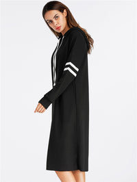 Black Hoodies Dress Women Long Sleeve Striped Casual Tops With Hooded Loose Dresses Spring Autumn Vestidos Pullovers Female