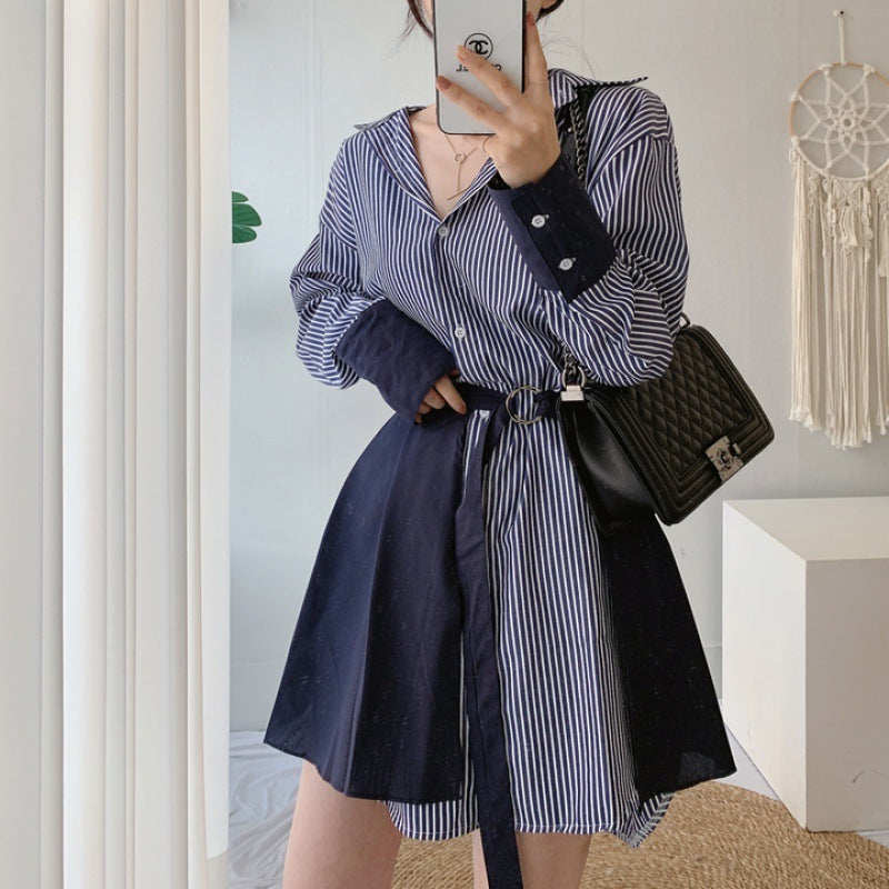 Lace-up Striped Shirt Dress Two-piece Set