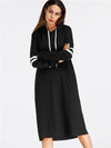 Black Hoodies Dress Women Long Sleeve Striped Casual Tops With Hooded Loose Dresses Spring Autumn Vestidos Pullovers Female