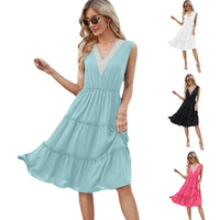 V-neck Dresses Women Sleeveless Pleated Ruffle Elegant Dress Beach Summer