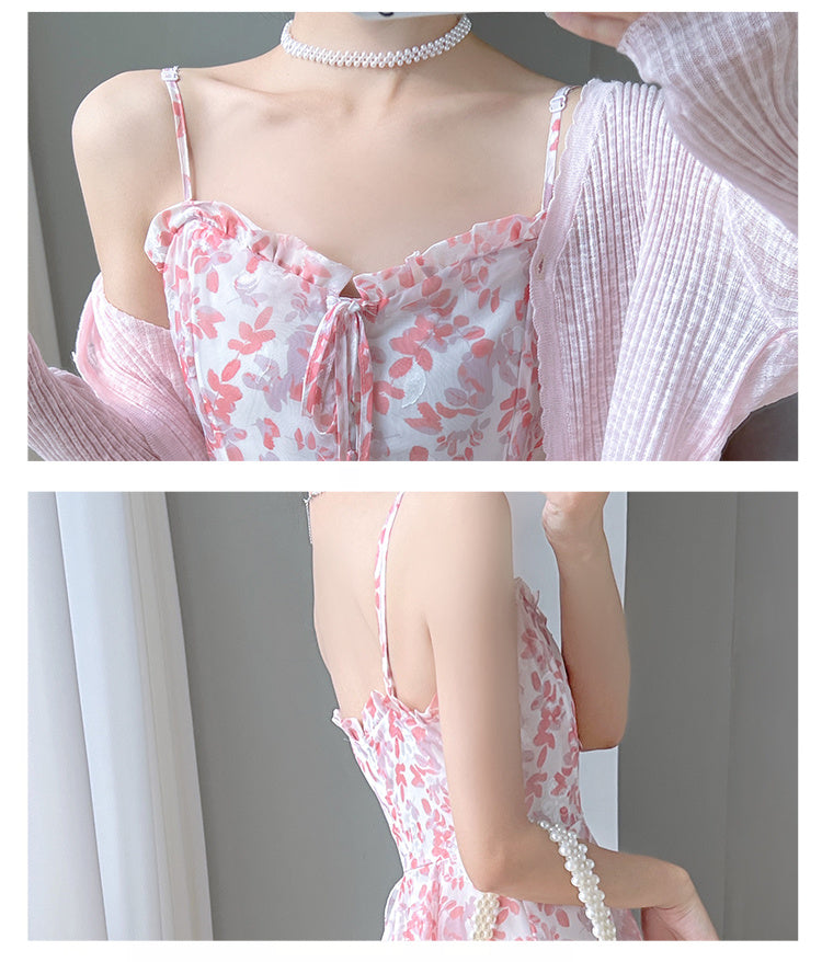Green Floral Suspender Dress Two-piece Set