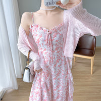 Green Floral Suspender Dress Two-piece Set