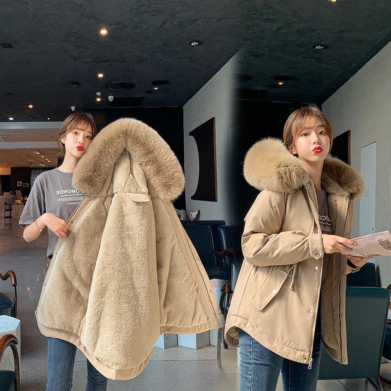 Fashion Solid Color Big Fur Collar Plush Lining Cotton Coat