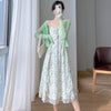 Green Floral Suspender Dress Two-piece Set