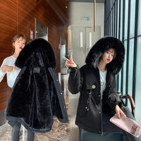 Fashion Solid Color Big Fur Collar Plush Lining Cotton Coat