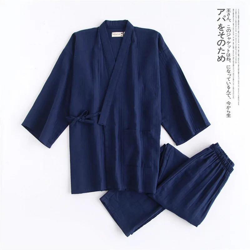 Japanese Style Kimono Cardigan Pants 2pcs Set Men's Nightwear Bathrobe Cotton Comfortable Home Suit Robe Sleepwear Daily Casual