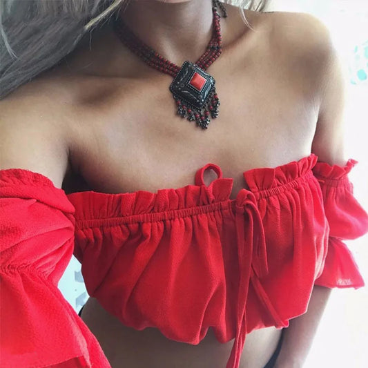 crop tops women  New summer lantern sleeve sexy strapless beach tops  red black white ruched crop top croptop