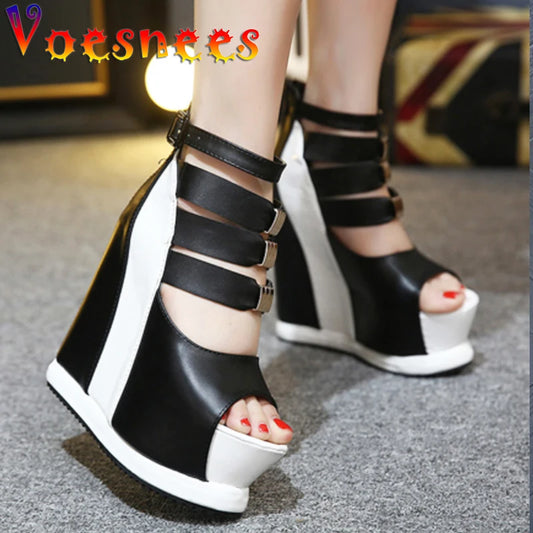 Wedges Shoes for Women Flock Ankle Boots ZIP Thick Bottom Peep Toe Sexy Hollow High Slope Summer Shoes Ladies Platform High Heel