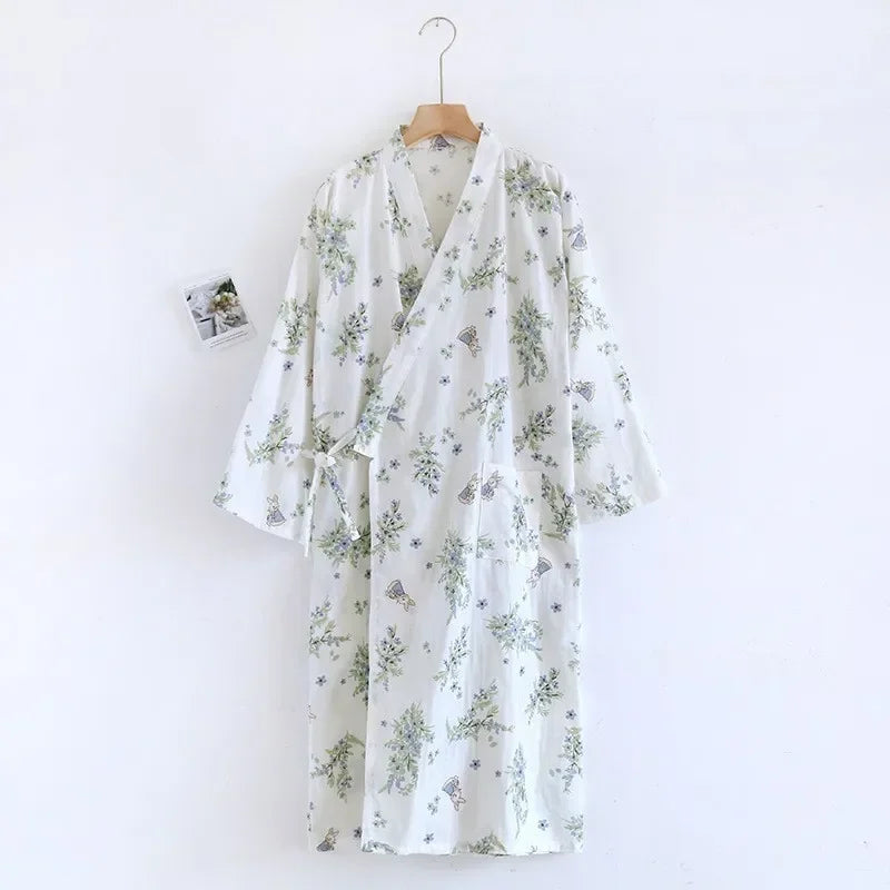 Japanese Style Kimono Pajama Robes Women's Summer Thin Cotton Gauze V-neck Simple Loose Nightgown Ladies Lounge Lace Up Bathrobe