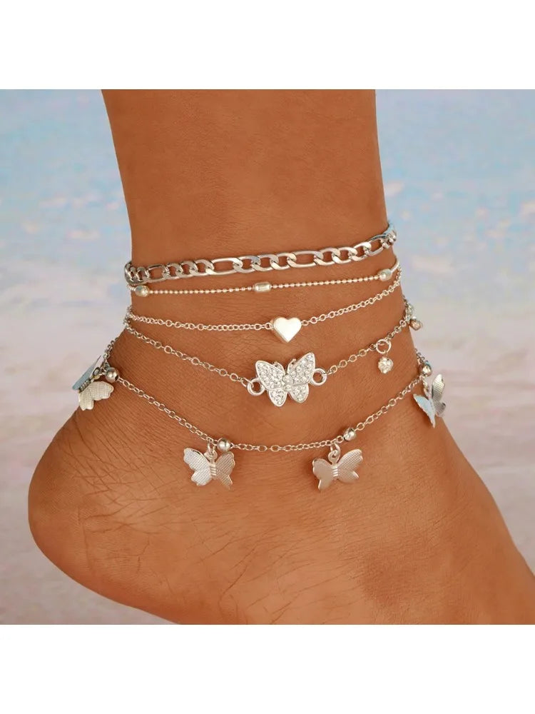 New Holiday Beach Butterfly Multi layer Foot Chain Creative Round Bead Peach Heart Chain Foot Chain Set 4-piece