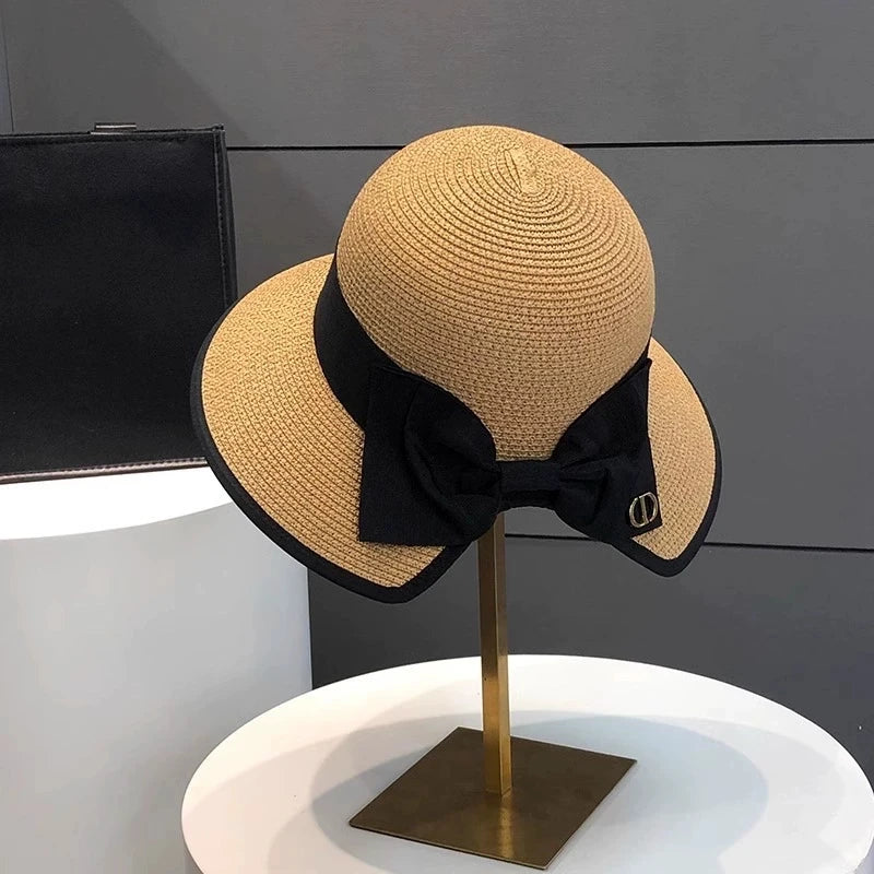 Summer Girls Sun Hats Wide Brim Bowknot Straw Hat with Ribbon Outdoor Sun Protection Women Hats Soild Color Ladies Panama Caps