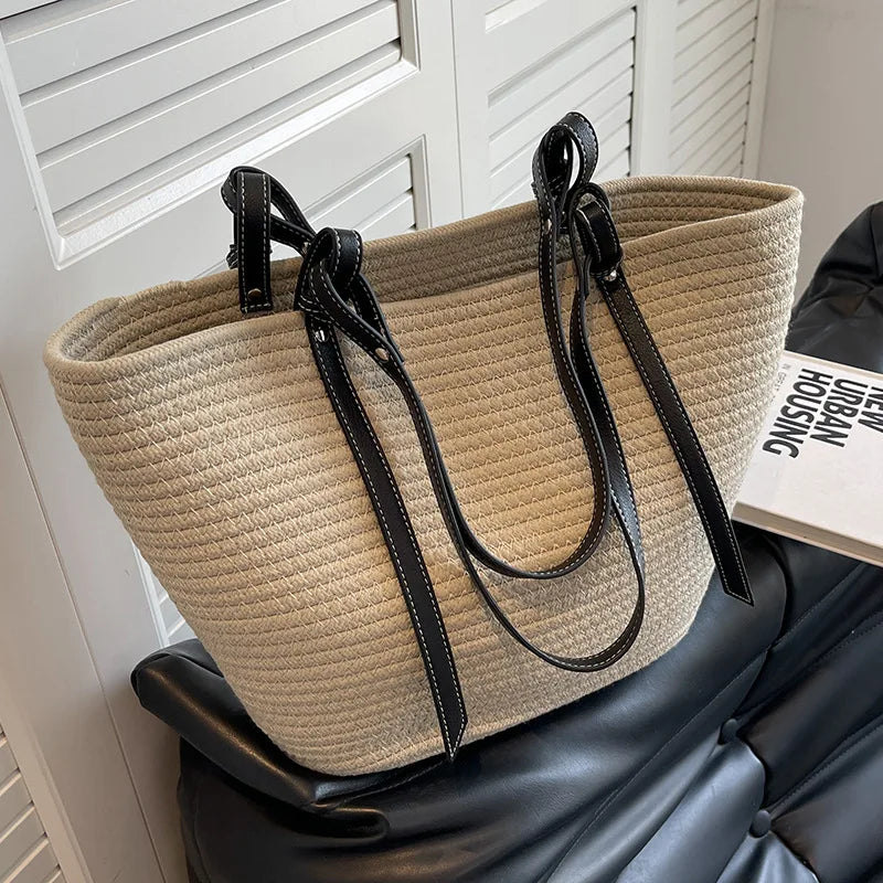 Large Straw Bag Beach Shopping Bags Rattan Woven Shoulder Handbags Women Handmade Straw Basket Handbags Summer Large Capacity