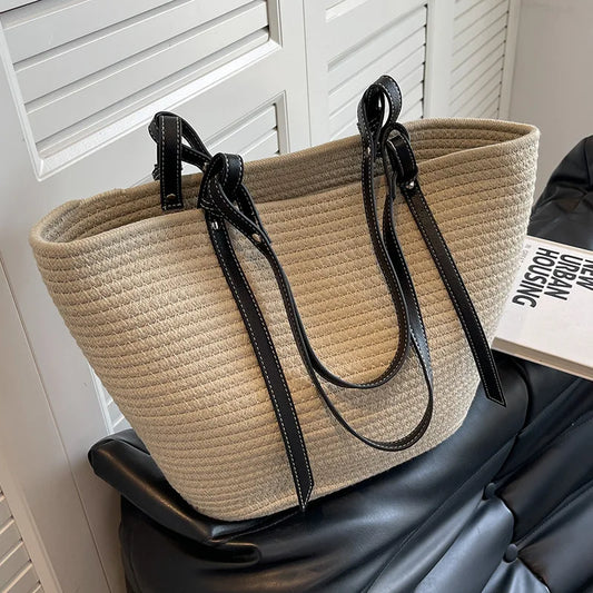 Large Straw Bag Beach Shopping Bags Rattan Woven Shoulder Handbags Women Handmade Straw Basket Handbags Summer Large Capacity
