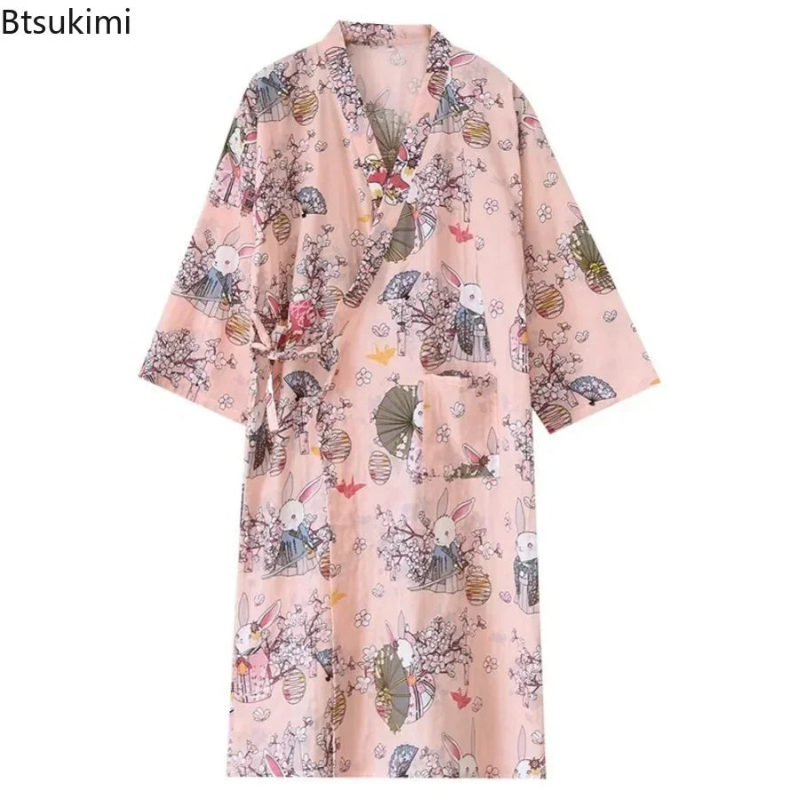 Japanese Style Kimono Pajama Robes Women's Summer Thin Cotton Gauze V-neck Simple Loose Nightgown Ladies Lounge Lace Up Bathrobe