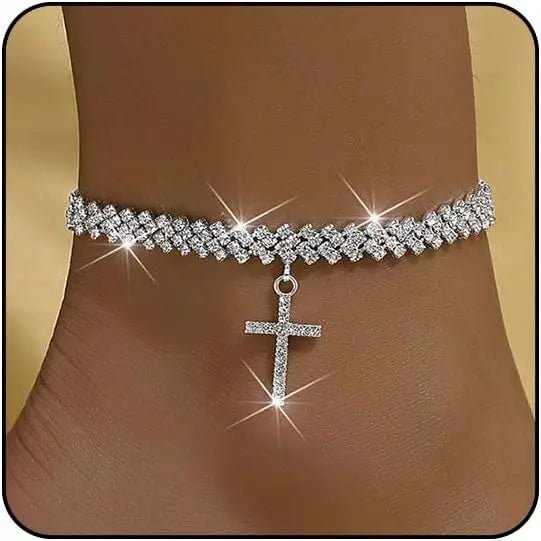 Silver Diamond Anklets for Women Cross Heart Butterfly Bracelet Large Ankle Tennis Rhinestone Plus Size Beach Foot Jewelry