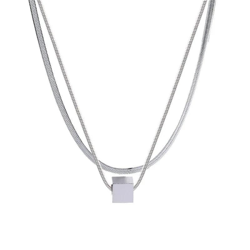 Layered Double-layer Geometric Titanium Steel Necklace Two-piece Set for Women Collarbone Chain