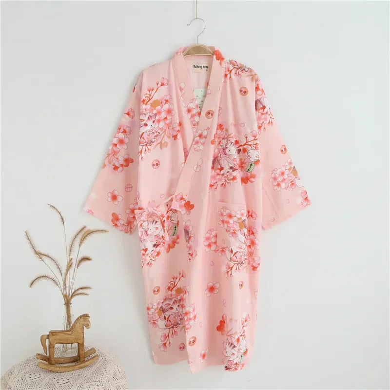 Japanese Style Kimono Pajama Robes Women's Summer Thin Cotton Gauze V-neck Simple Loose Nightgown Ladies Lounge Lace Up Bathrobe