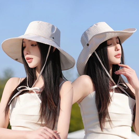 Summer Hat for Women Bucket Hat Plaid Wide Brim Sun Hat with Windproof Rope Sunshade Sun Hat Cycling Travel Fisherman Cap Korean