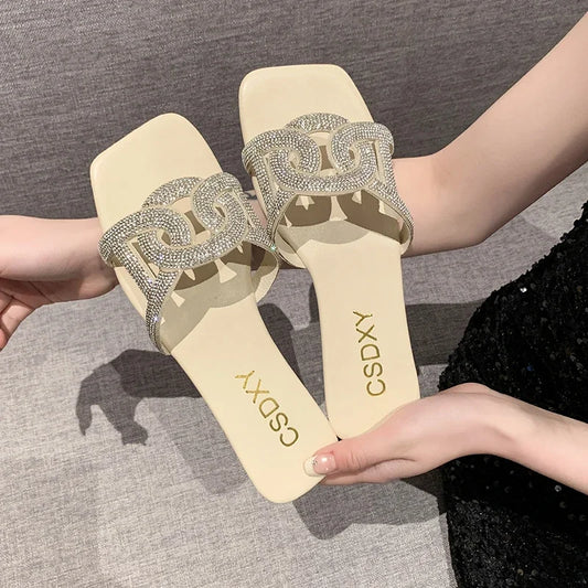 Summer Sandals for Women Flat Sandal Sparkle Rhinestone Slide Trendy Women's Beach Sparkly Dressy Slip on Bling Casual Shoes