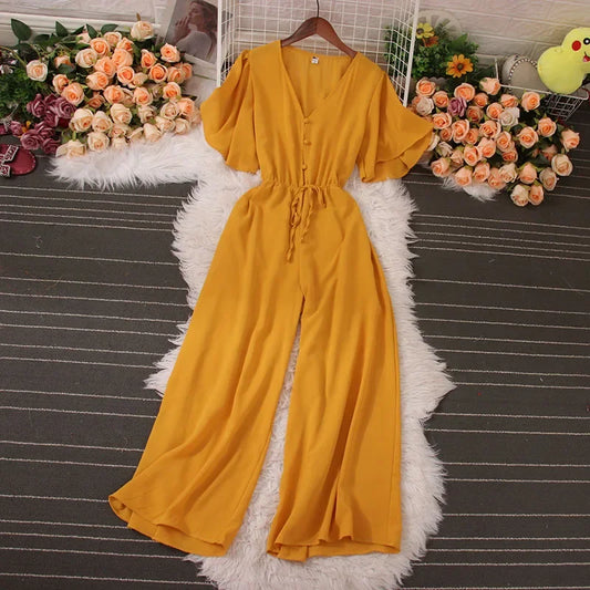 American Women Jumpsuits Fashion V Neck Lace up Loose Wide Legs Pants 2024 New Summer OL Solid Buttons Bodysuitsd