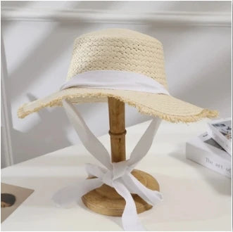 Summer Women Sun Hats Handmade Woven Straw Hat with Lace Ribbons Flat Top Holiday Sunscreen Beach Cap Vacation Hat