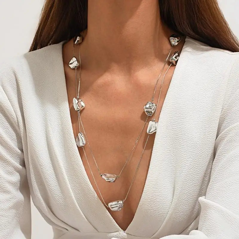 62KE Chic Layered Necklace with Beads Unique Multi Layer Necklace With Irregular Bead Accent for Fashion Forward Women
