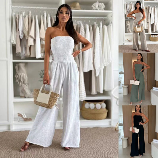 Dress Women Fashion Summer Latest Style Elegant Solid Color Sleeveless Backless Slim Fit Pleated Strapless Jumpsuit for Women
