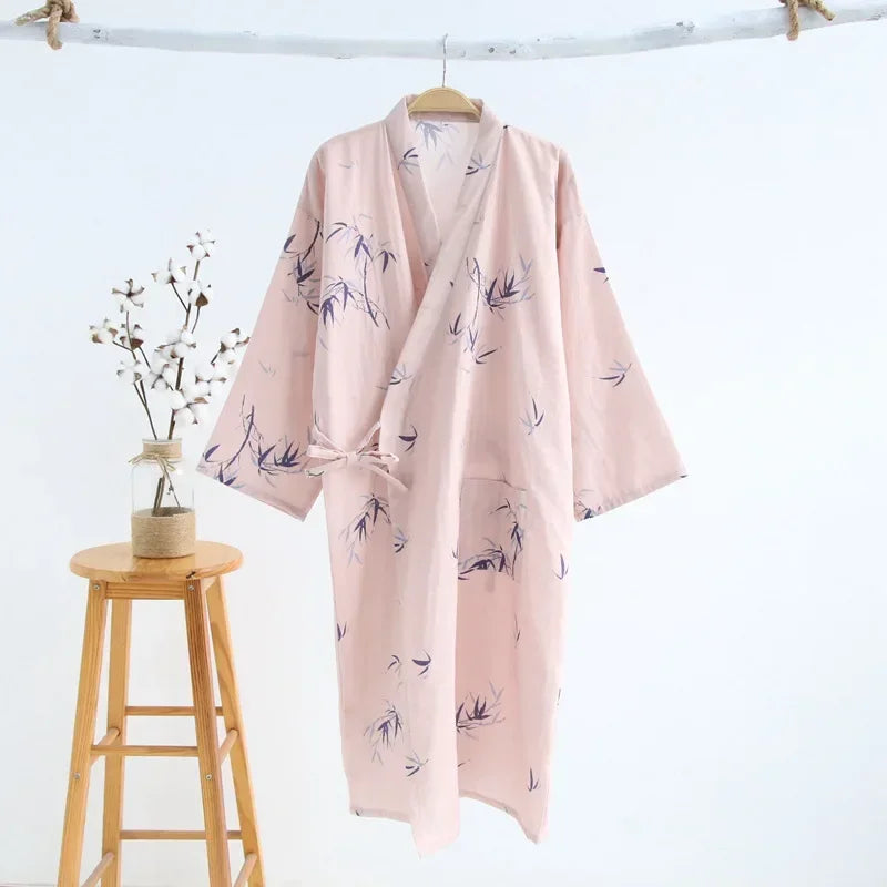 Japanese Style Kimono Pajama Robes Women's Summer Thin Cotton Gauze V-neck Simple Loose Nightgown Ladies Lounge Lace Up Bathrobe