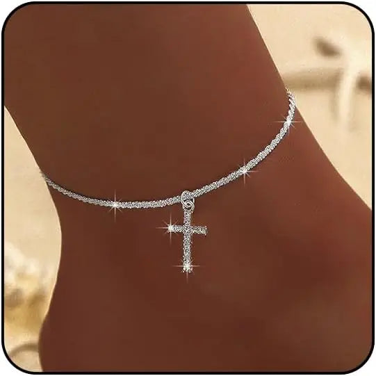 Silver Diamond Anklets for Women Cross Heart Butterfly Bracelet Large Ankle Tennis Rhinestone Plus Size Beach Foot Jewelry