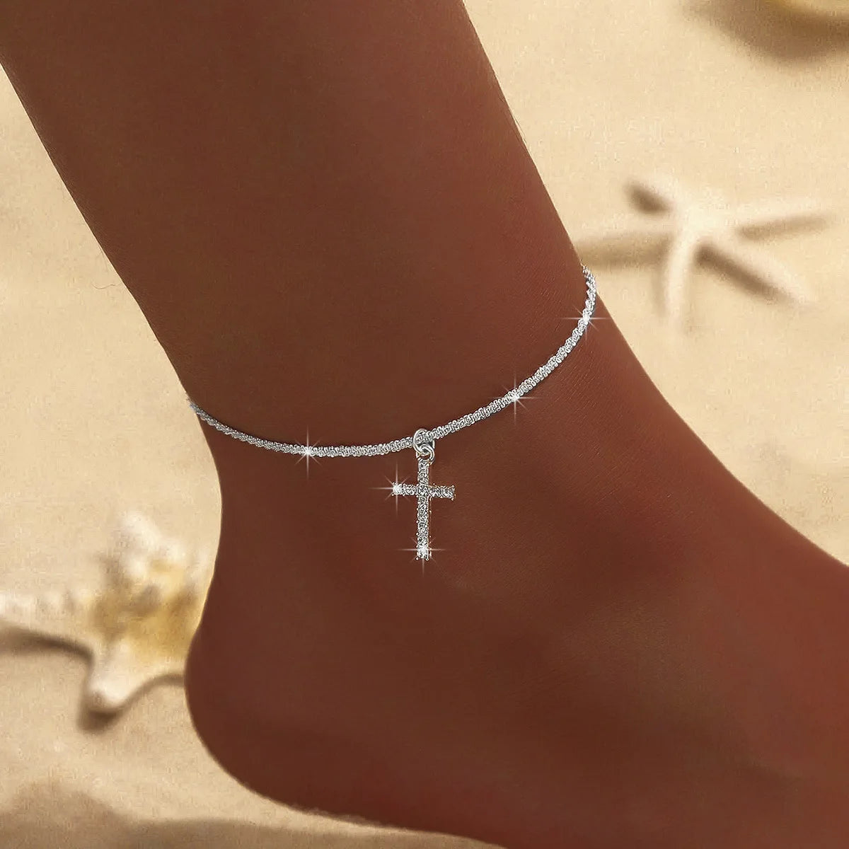 LATS Shiny Sparkling Simple Anklet for Women Gold Silver Color Elegant Jewelry Female Beach Ankle Bracelet on Foot Party Gift