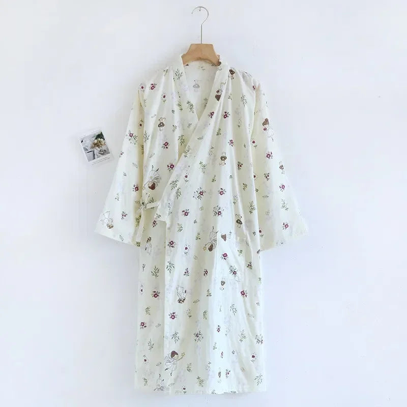 Japanese Style Kimono Pajama Robes Women's Summer Thin Cotton Gauze V-neck Simple Loose Nightgown Ladies Lounge Lace Up Bathrobe
