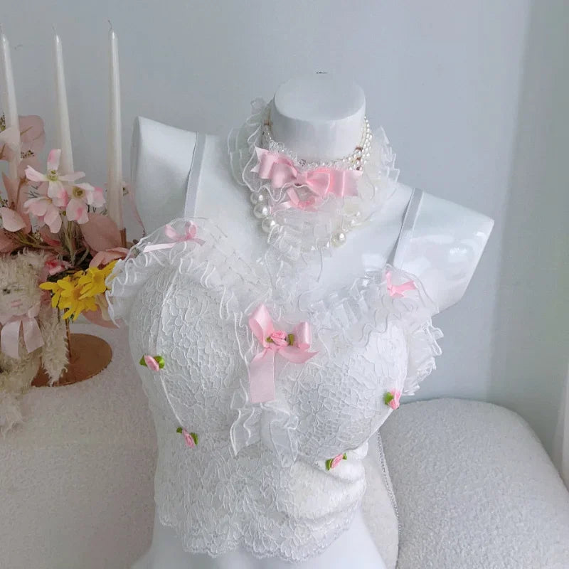 Lolita Style Crop Top Women Summer Cute Cropped Lace Trim Bow Decoration Sweet Lovely Slim Tops for Girls Kawaii Clothes