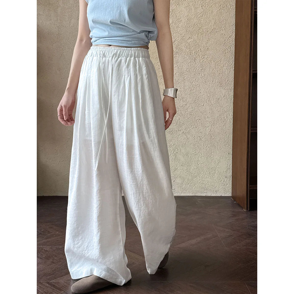 Linen Cotton Long Pant Elastic Waist Casual Slimming Wide Leg Pants For Women's Summer