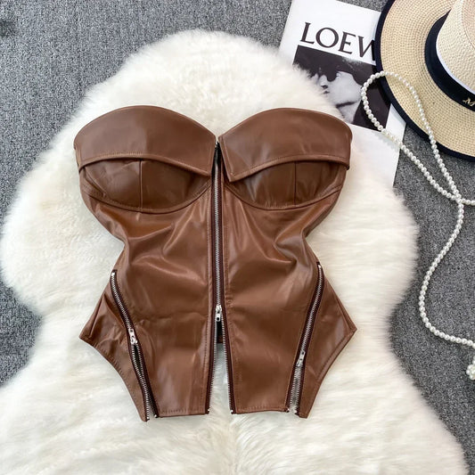 Sexy Off Shoulder Zipper PU Tube Top Chic Strapless Crop Top  Fashion Sleeveless Camis Autumn Women Tank Top