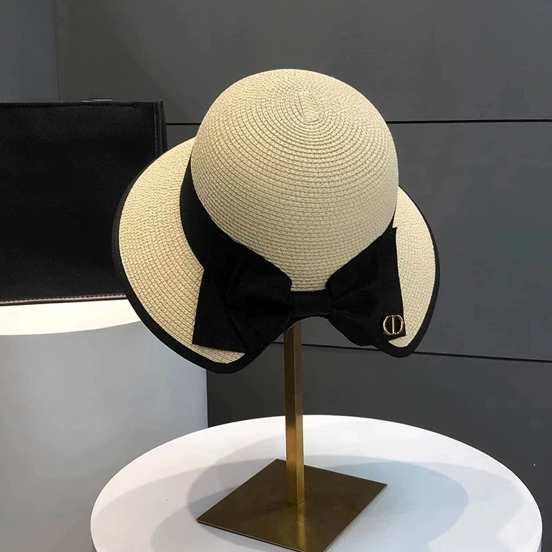 Summer Girls Sun Hats Wide Brim Bowknot Straw Hat with Ribbon Outdoor Sun Protection Women Hats Soild Color Ladies Panama Caps