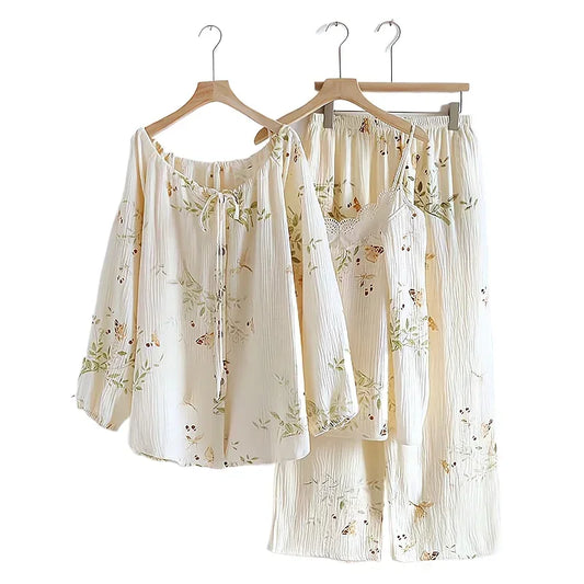 Pajama Pants Set Three-piece Set Women's Clothing Homewear Spring Summer New Cute Casual Stylish Versatile Wearable Simple Loose
