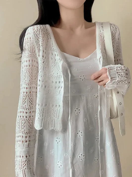 Korean Sle Hollow out Belted Summer New Light Weight V-Ne Knitted Cardigan Women's Faion Trendy Air Conditioning Cover up