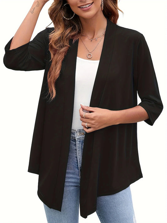 Plus Size Women's Lightweight Open Front Cardigan - Casual 3/4 Sleeve Soft Drape Versatile Fashion Open Front Design