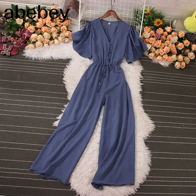 American Women Jumpsuits Fashion V Neck Lace up Loose Wide Legs Pants 2024 New Summer OL Solid Buttons Bodysuitsd