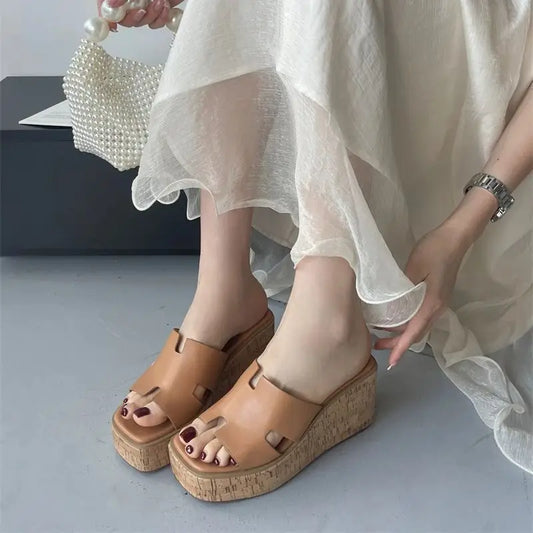 Black Heels Slippers Summer Block Wedge Shoes White Sandals Casual Woman Platform Heels Slippers Brown Sandales Femmes Size 43