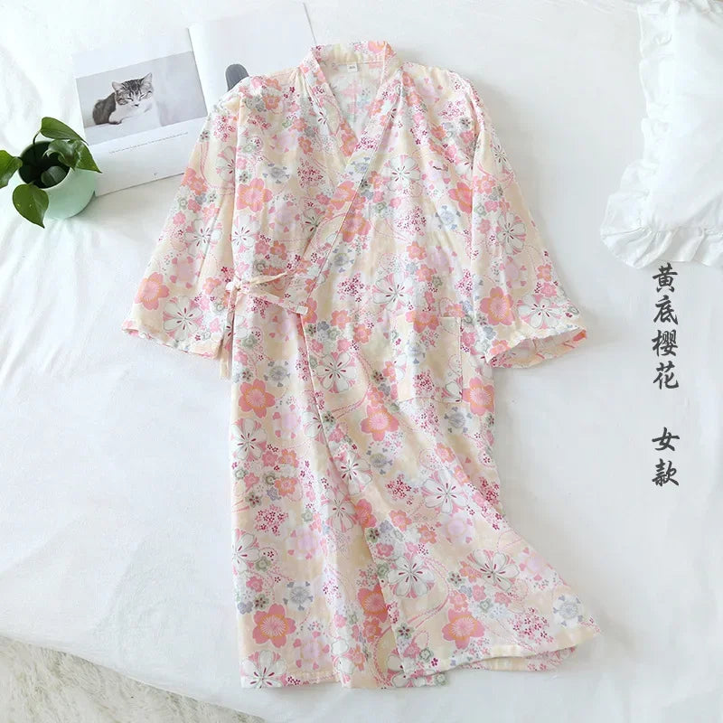 Japanese Style Kimono Pajama Robes Women's Summer Thin Cotton Gauze V-neck Simple Loose Nightgown Ladies Lounge Lace Up Bathrobe