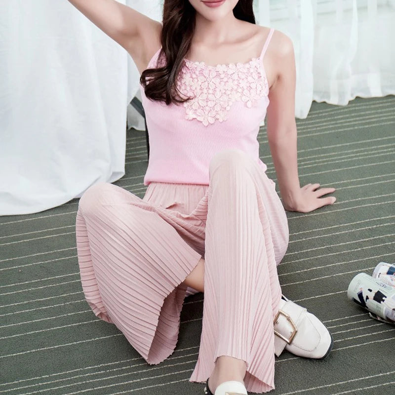 Wide leg pants pleated chiffon high waisted loose skirt pants with large hem and drape feeling, large size random linen spring/s