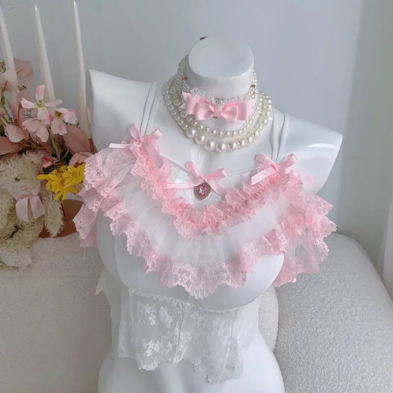 Lolita Style Crop Top Women Summer Cute Cropped Lace Trim Bow Decoration Sweet Lovely Slim Tops for Girls Kawaii Clothes