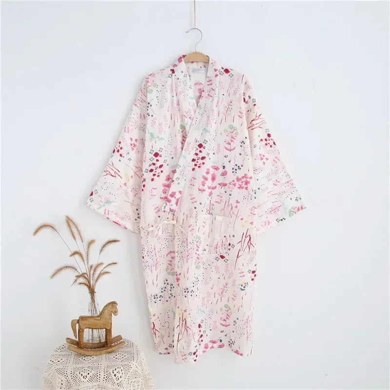 Japanese Style Kimono Pajama Robes Women's Summer Thin Cotton Gauze V-neck Simple Loose Nightgown Ladies Lounge Lace Up Bathrobe